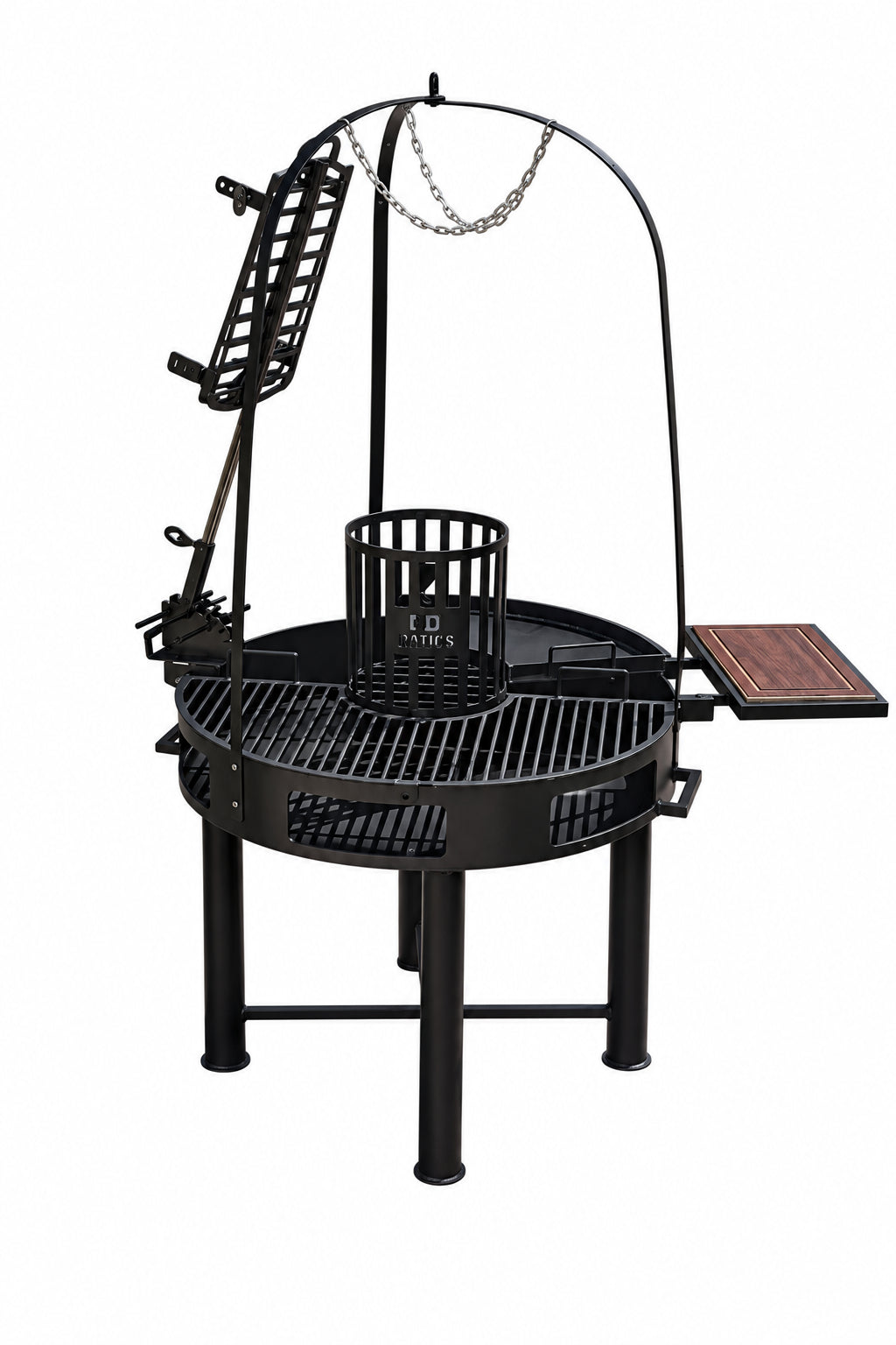 Circular grill, asador Argentinian style, with t cross, flat iron and heavy duty grill. 