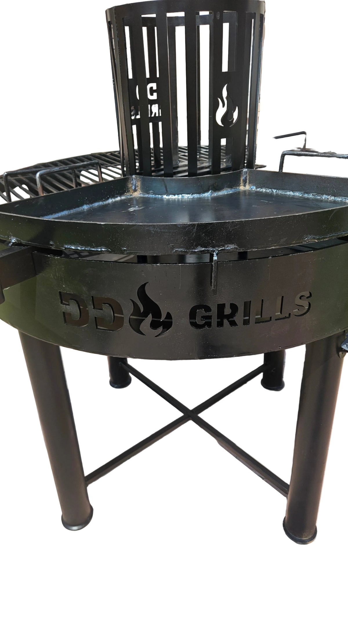 Circular grill, asador Argentinian style, with t cross, flat iron and heavy duty grill. 